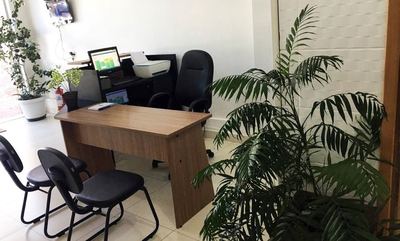 Recepção da unidade Toledo, com mesa de atendimento, cadeiras de espera e plantas